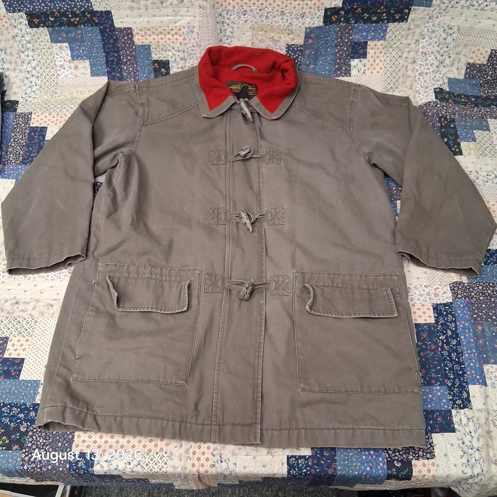Vintage 80s Eddie Bauer Duffle Coat Womens Large Gray Green Wool Lined Toggle